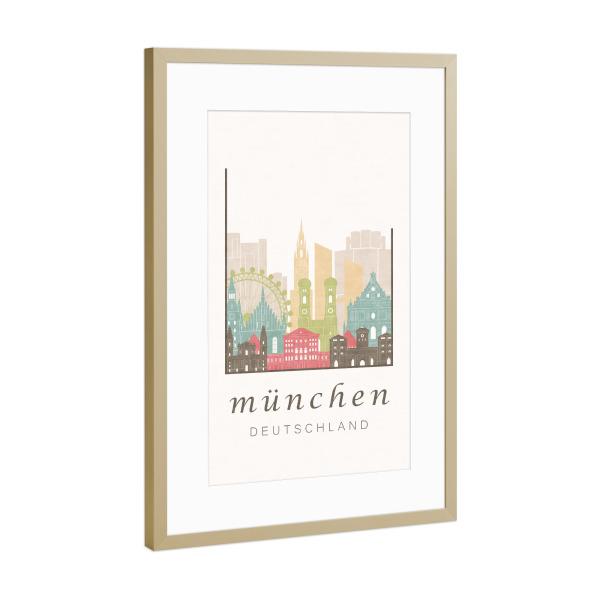 Poster mit Rahmen Gold "Munich skyline pastel" artboxONE - Städte / München,Kartografie