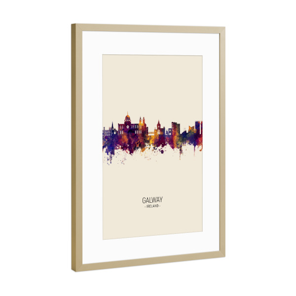 Poster mit Rahmen Gold "Galway Ireland Skyline Beige" artboxONE - Städte - Galway,Ireland,Skyline,Cityscape,Painting,Watercolour,Stadtbild