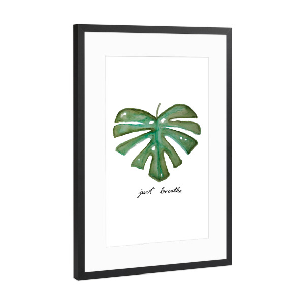 Poster mit Rahmen Schwarz (Metallic) "Monstera - just breathe" artboxONE - Typografie,Natur,Floral