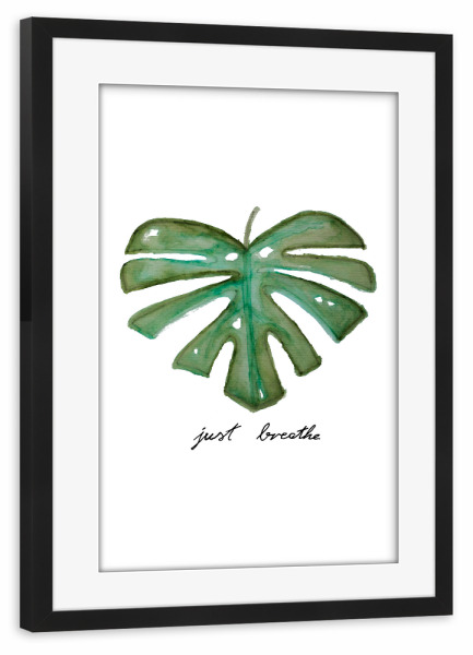 Poster mit Rahmen schwarz "Monstera - just breathe" artboxONE - Typografie,Natur,Floral