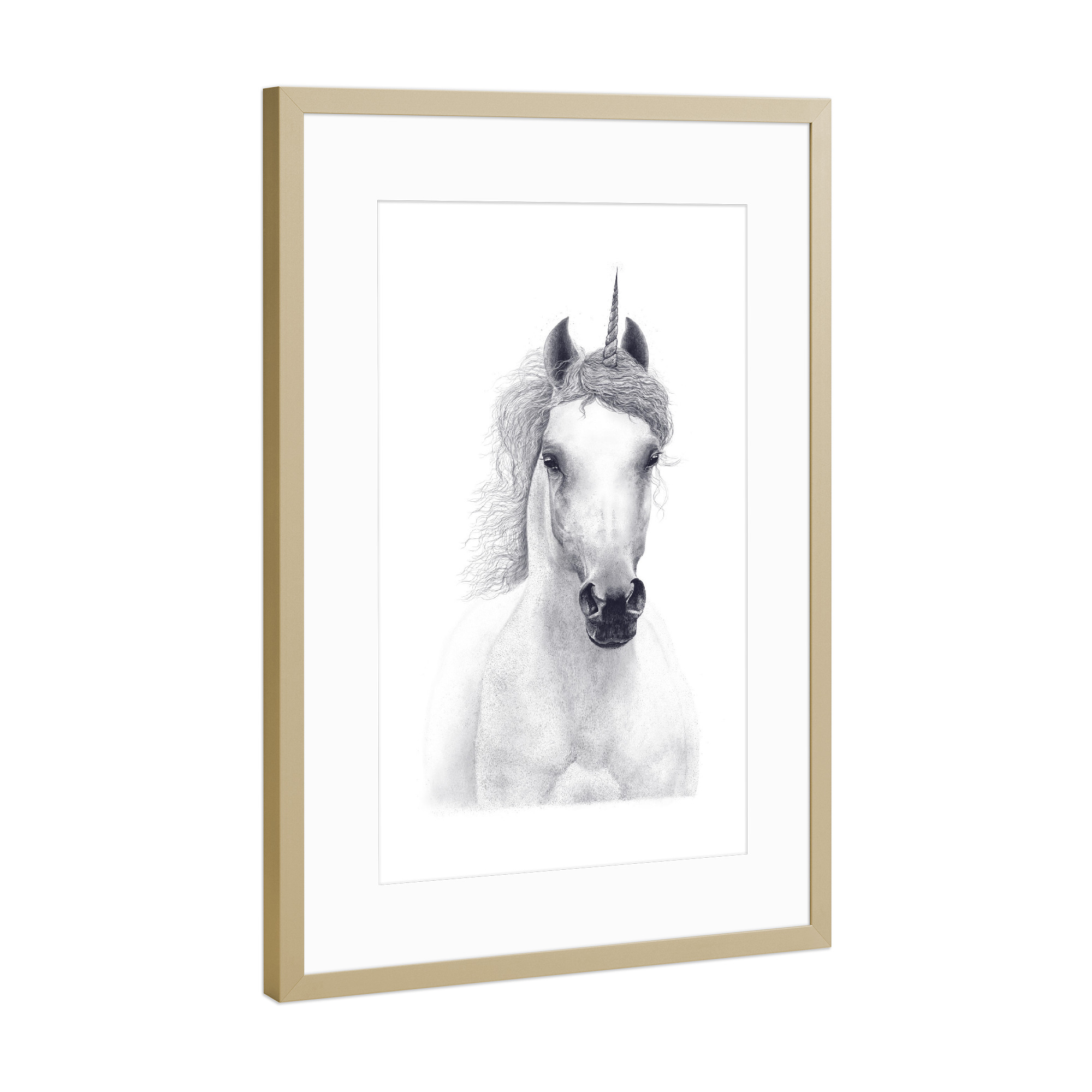 Poster mit Rahmen Gold "White unicorn" artboxONE - Tiere,Schwarzweiß,Lustig - Unicorn,Horse,Black and white,Magic,Beauty