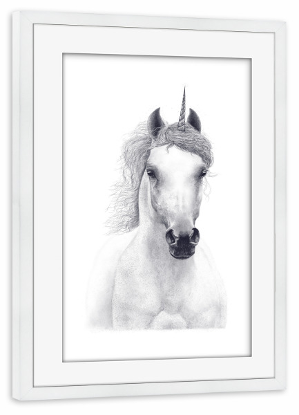 Poster mit Rahmen weiß "White unicorn" artboxONE - Tiere,Schwarzweiß,Lustig - Unicorn,Horse,Black and white,Magic,Beauty