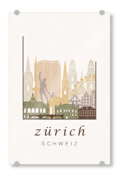 Acrylglasbild "Zurich rustic skyline" artboxONE - Städte / Zürich,Kartografie - Zurich,Zürich,Zuerich,Switzerland,Schweiz,Skyline,Cityscape,Travel