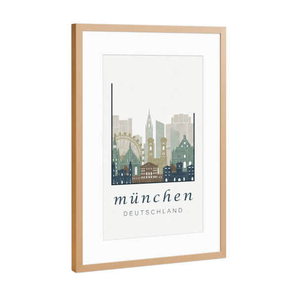 Poster mit Rahmen Kupfer "Munich skyline, light blue" artboxONE - Städte / München,Kartografie