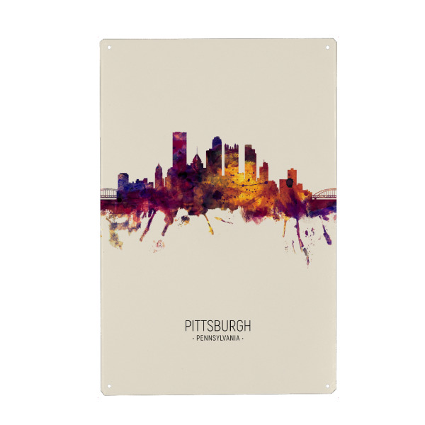 Metall Poster "Pittsburgh Skyline Beige" artboxONE - Städte - Pittsburgh,Pennsylvania,Skyline,Cityscape,Painting,Watercolour,Stadtbild - Blechschild