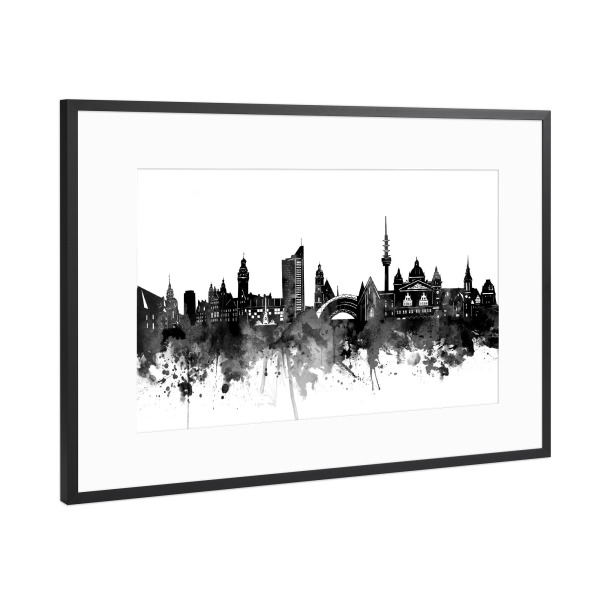Poster mit Rahmen Schwarz (Metallic) "Leipzig skyline black" artboxONE - Städte,Reise,Schwarzweiß,Architektur
