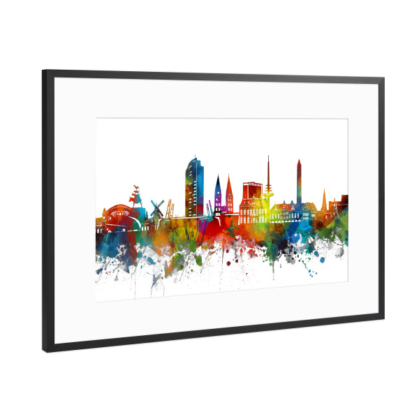 Poster mit Rahmen Schwarz (Metallic) "Bremen skyline watercolor" artboxONE - Städte,Reise,Architektur
