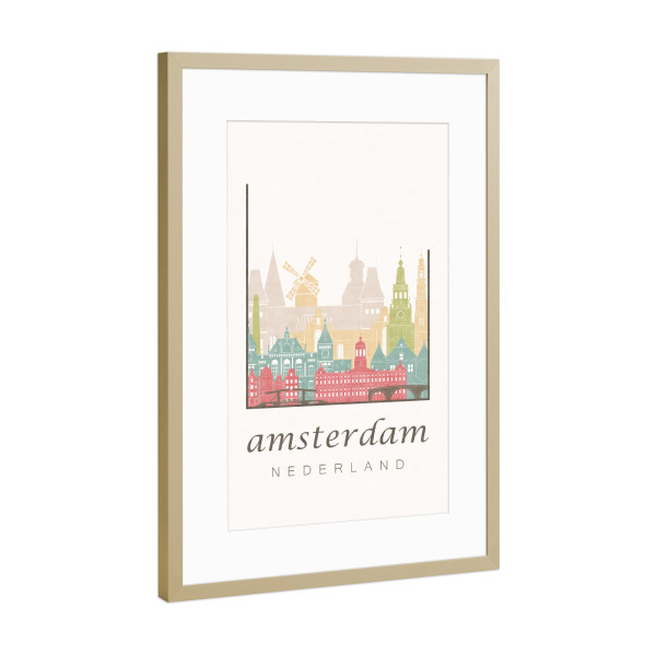 Poster mit Rahmen Gold "Amsterdam pastel skyline" artboxONE - Städte / Amsterdam,Kartografie