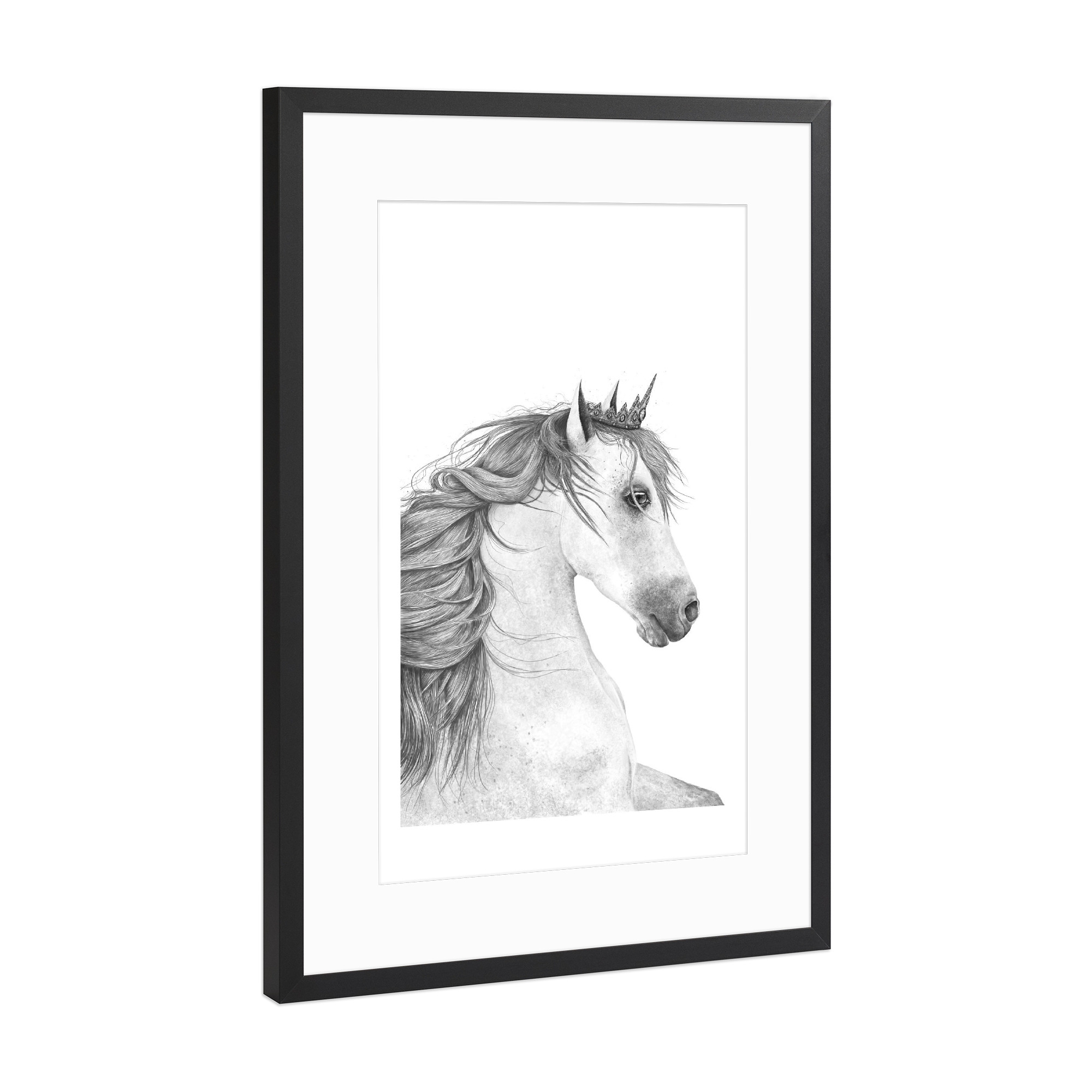 Poster mit Rahmen Schwarz (Metallic) "Queen horse" artboxONE - Tiere,Schwarzweiß,Für Mama,Lustig - Queen,Horse,Black and white,Royal,Beauty