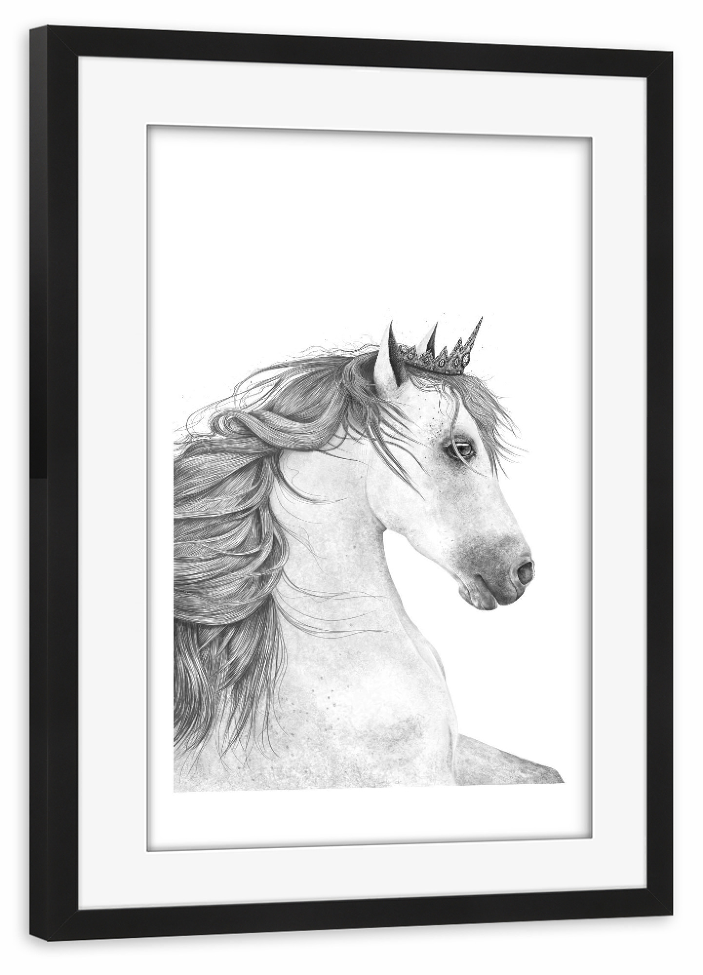 Poster mit Rahmen schwarz "Queen horse" artboxONE - Tiere,Schwarzweiß,Für Mama,Lustig - Queen,Horse,Black and white,Royal,Beauty