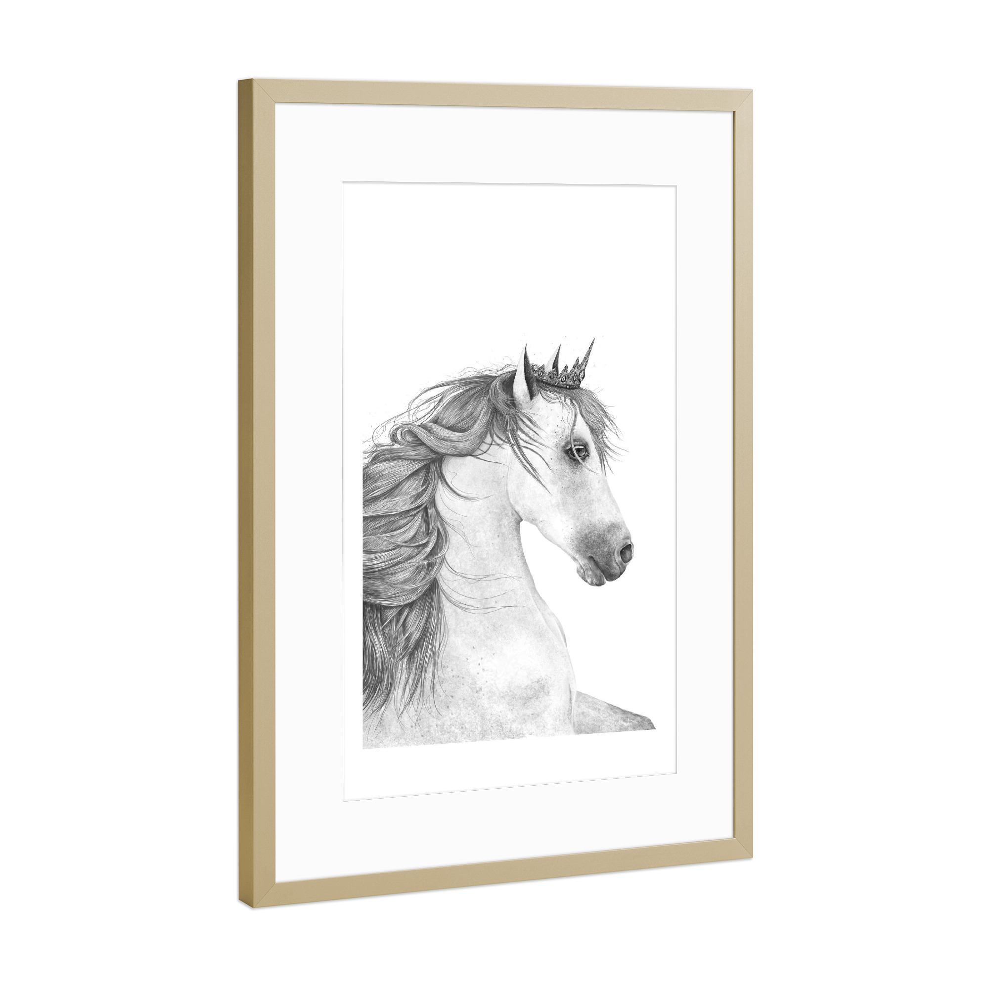 Poster mit Rahmen Gold "Queen horse" artboxONE - Tiere,Schwarzweiß,Für Mama,Lustig - Queen,Horse,Black and white,Royal,Beauty