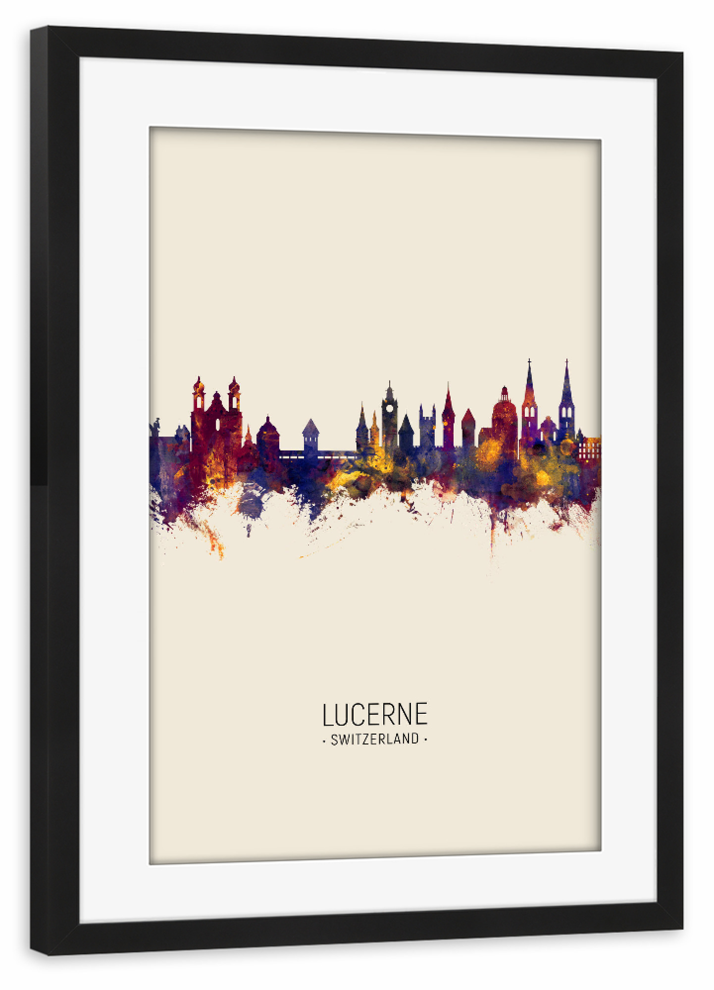 Poster mit Rahmen schwarz "Lucerne Switzerland Beige" artboxONE - Städte - Lucerne,Switzerland,Skyline,Cityscape,Painting,Watercolour,Stadtbild