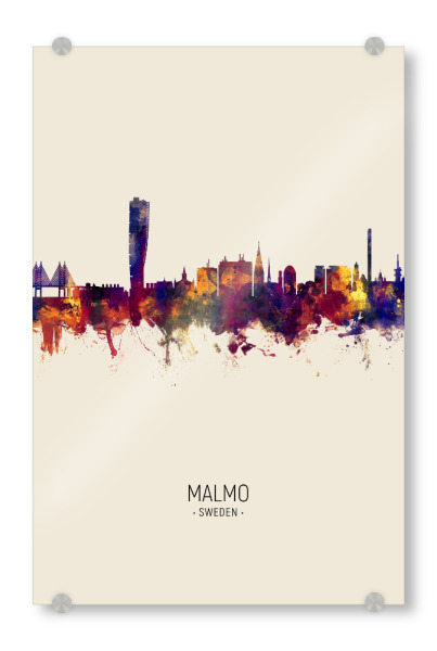 Acrylglasbild "Malmo Sweden Skyline Beige" artboxONE - Städte - Malmo,Sweden,Skyline,Cityscape,Painting,Watercolour,Stadtbild