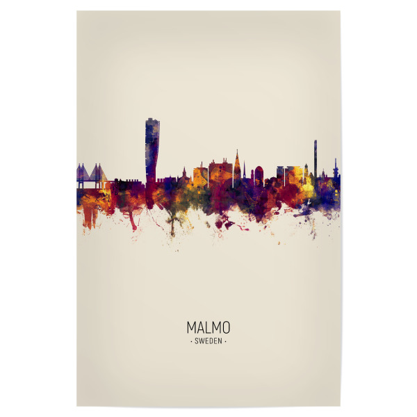 Poster "Malmo Sweden Skyline Beige" artboxONE - Städte - Malmo,Sweden,Skyline,Cityscape,Painting,Watercolour,Stadtbild