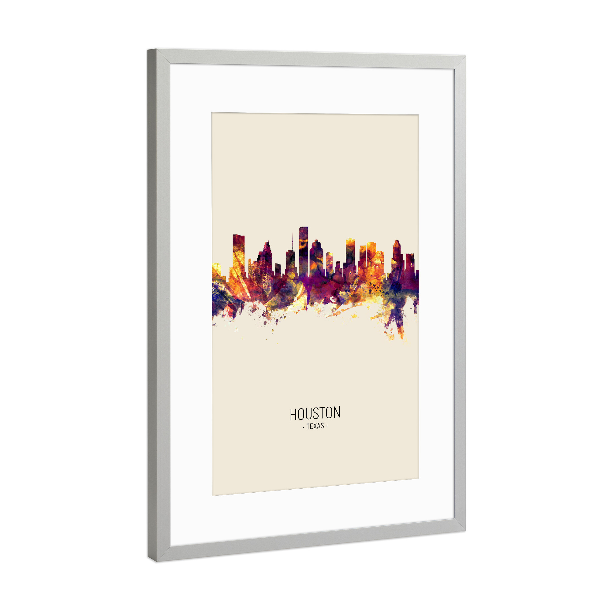 Poster mit Rahmen Silber "Houston Texas Skyline Beige" artboxONE - Städte - Houston,Texas,Skyline,Cityscape,Painting,Watercolour,Stadtbild