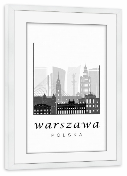 Poster mit Rahmen weiß "Warsaw black & white skyline" artboxONE - Städte,Schwarzweiß,Kartografie