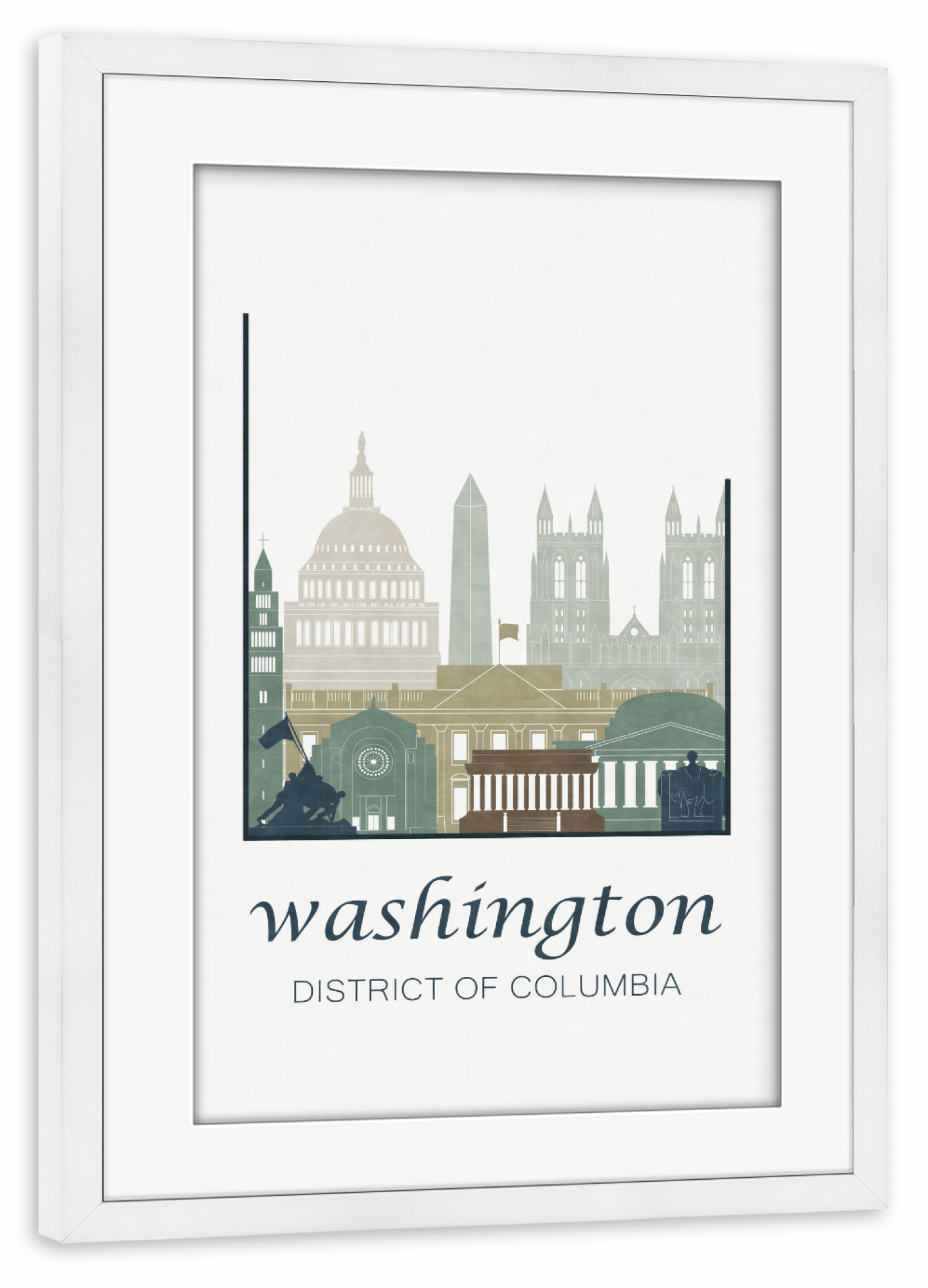 Poster mit Rahmen weiß "Washington light blue DC skyline" artboxONE - Städte / Washington,Kartografie