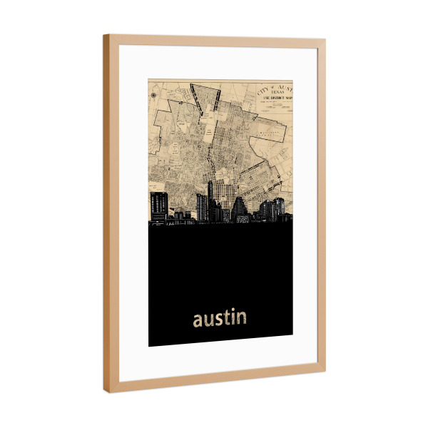 Poster mit Rahmen Kupfer "Austin skyline map" artboxONE - Städte,Reise,Architektur,Kartografie