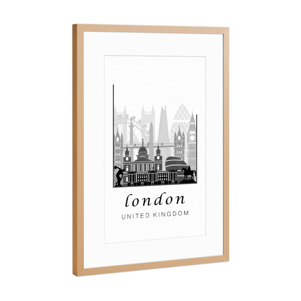 Poster mit Rahmen Kupfer "London skyline black & white" artboxONE - Städte / London,Schwarzweiß,Kartografie
