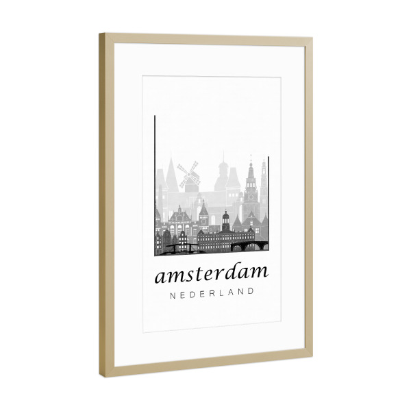 Poster mit Rahmen Gold "Amsterdam skyline black & white" artboxONE - Schwarzweiß,Städte / Amsterdam,Kartografie