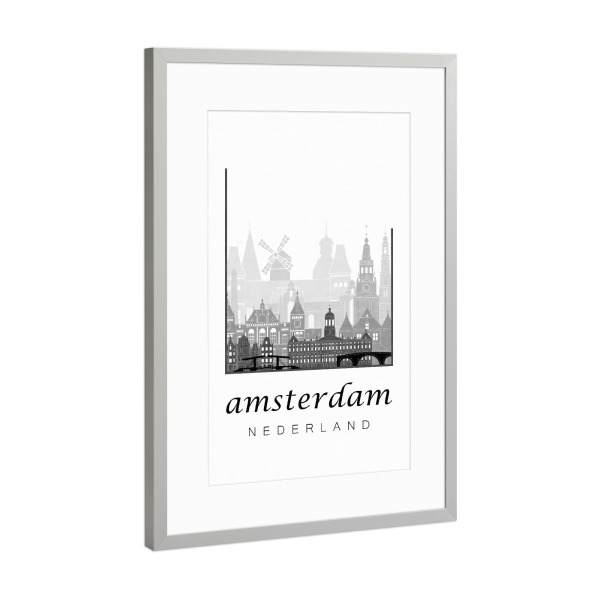 Poster mit Rahmen Silber "Amsterdam skyline black & white" artboxONE - Schwarzweiß,Städte / Amsterdam,Kartografie