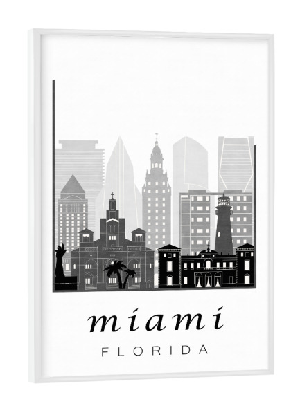 Poster mit weißem Rahmen "Miami skyline black & white" artboxONE - Städte,Schwarzweiß,Kartografie