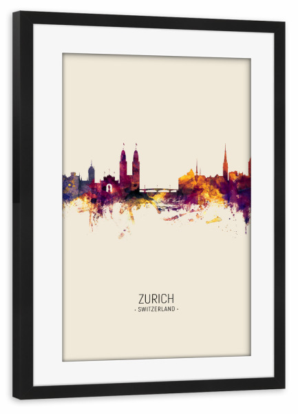 Poster mit Rahmen schwarz "Zurich Skyline Beige" artboxONE - Städte / Zürich - Zurich,Switzerland,Skyline,Cityscape,Painting,Watercolour,Stadtbild
