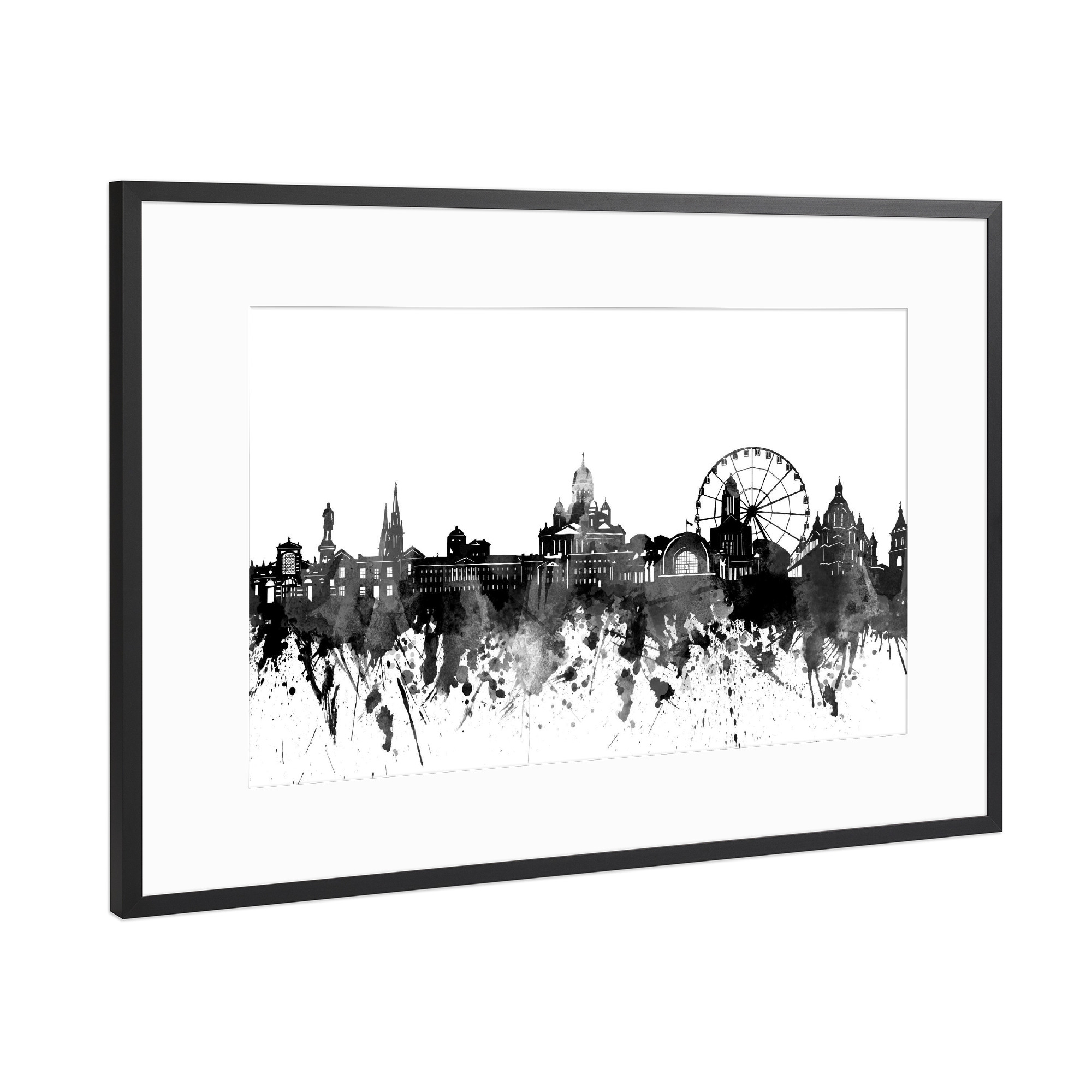 Poster mit Rahmen Schwarz (Metallic) "Helsinki skyline black" artboxONE - Städte,Reise,Schwarzweiß,Architektur