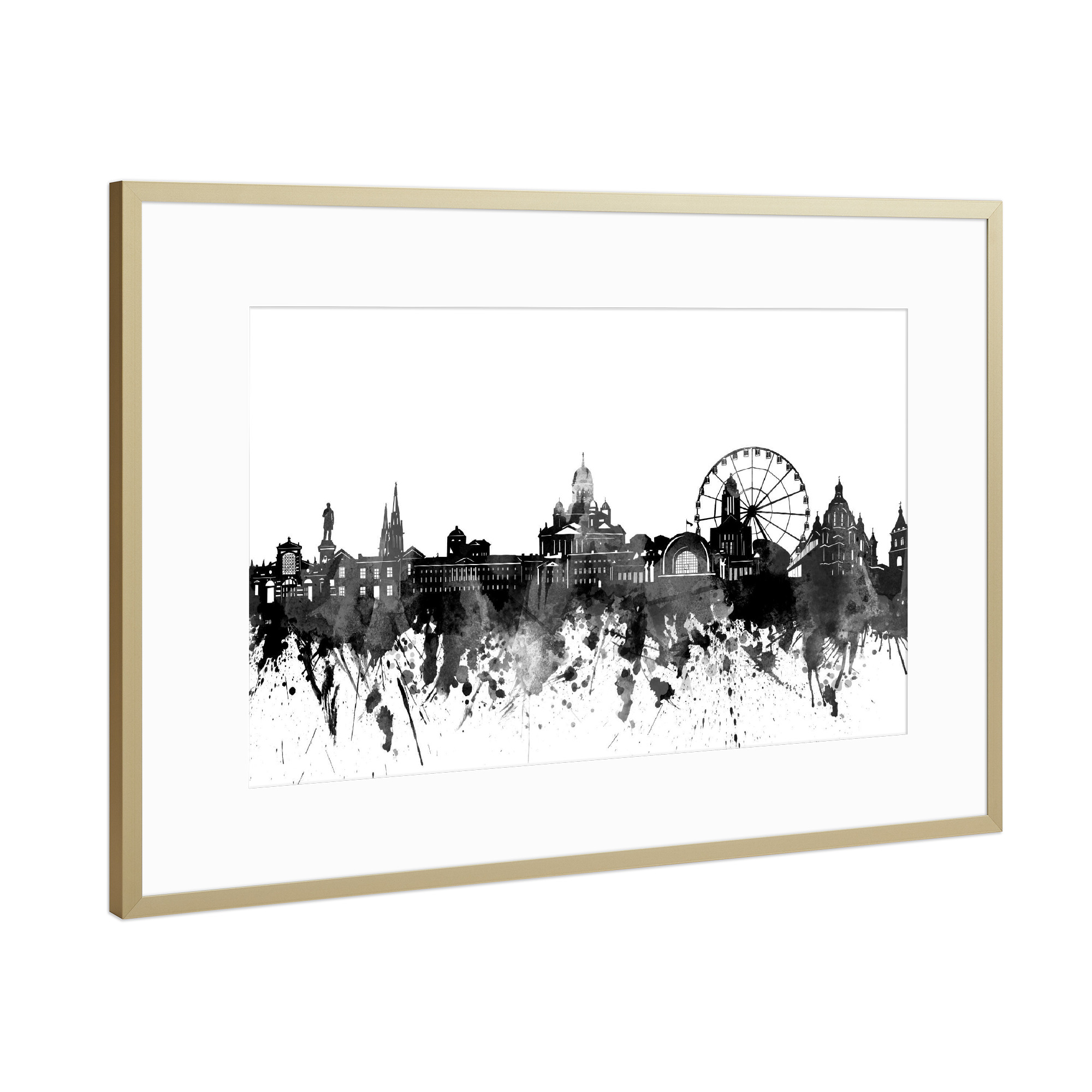 Poster mit Rahmen Gold "Helsinki skyline black" artboxONE - Städte,Reise,Schwarzweiß,Architektur