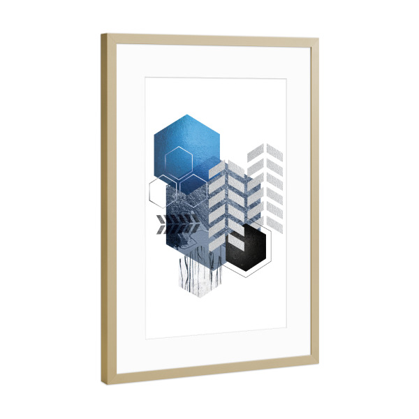 Poster mit Rahmen Gold "Blue and Silver Geo" artboxONE - Abstrakt,Schwarzweiß,Geometrie