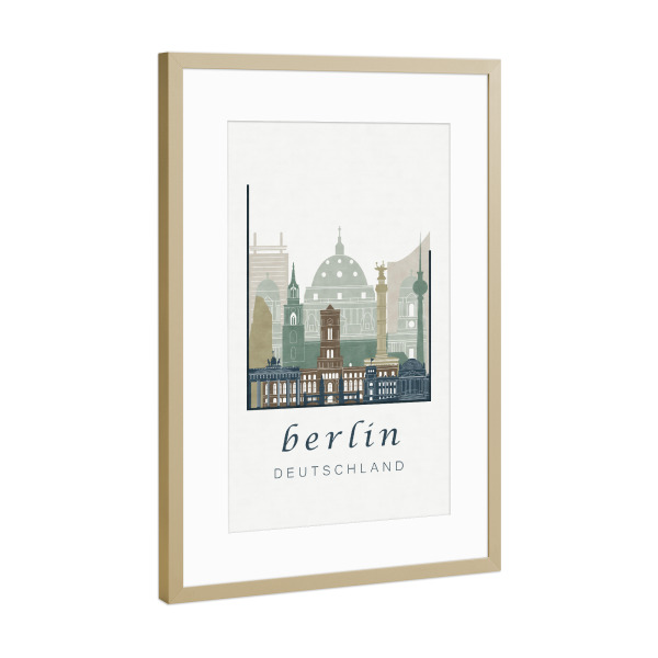 Poster mit Rahmen Gold "Berlin skyline light blue" artboxONE - Städte / Berlin,Kartografie - Berlin,Germany,Deutschland,Skyline,Cityscape,Travel