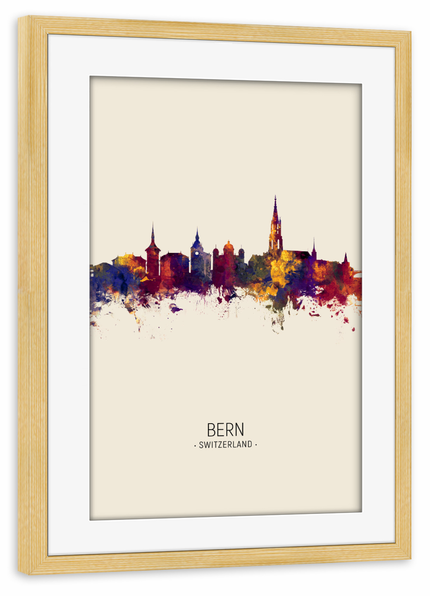 Poster mit Rahmen kiefer "Bern Skyline beige" artboxONE - Städte - Bern,Switzerland,Skyline,Cityscape,Painting,Watercolour,Stadtbild