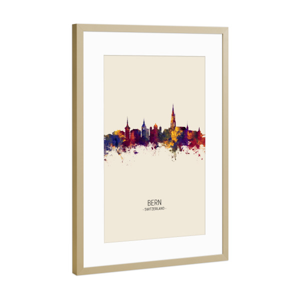 Poster mit Rahmen Gold "Bern Skyline beige" artboxONE - Städte - Bern,Switzerland,Skyline,Cityscape,Painting,Watercolour,Stadtbild