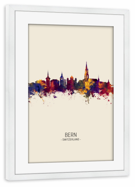 Poster mit Rahmen weiß "Bern Skyline beige" artboxONE - Städte - Bern,Switzerland,Skyline,Cityscape,Painting,Watercolour,Stadtbild