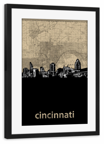 Poster mit Rahmen schwarz "Cincinnati skyline map" artboxONE - Städte,Reise,Architektur,Kartografie