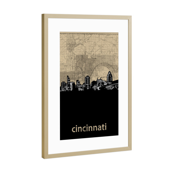 Poster mit Rahmen Gold "Cincinnati skyline map" artboxONE - Städte,Reise,Architektur,Kartografie