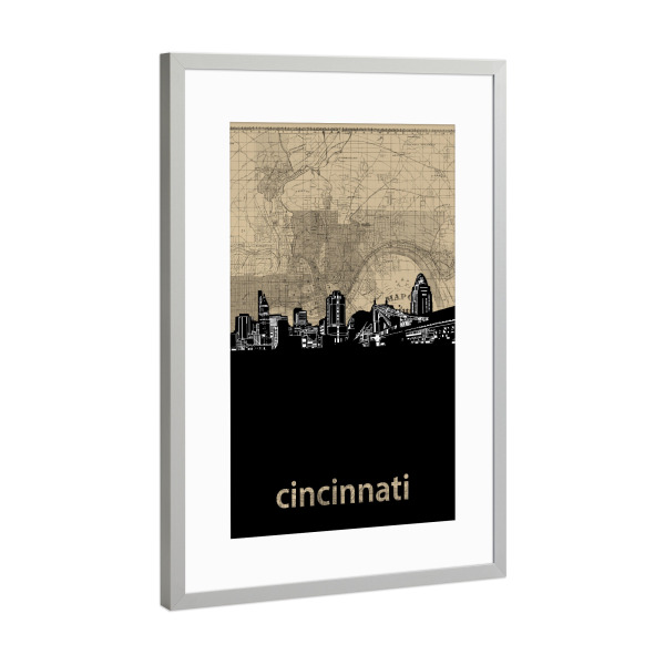 Poster mit Rahmen Silber "Cincinnati skyline map" artboxONE - Städte,Reise,Architektur,Kartografie
