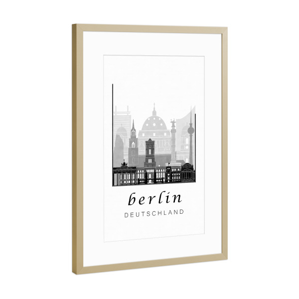 Poster mit Rahmen Gold "Berlin skyline black & white" artboxONE - Städte / Berlin,Schwarzweiß,Kartografie