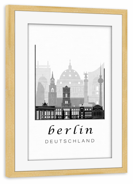 Poster mit Rahmen kiefer "Berlin skyline black & white" artboxONE - Städte / Berlin,Schwarzweiß,Kartografie