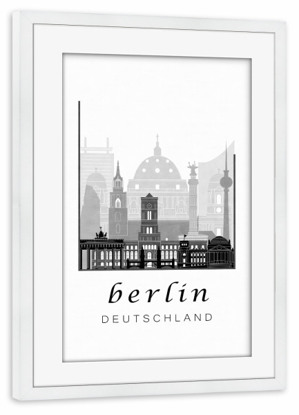Poster mit Rahmen weiß "Berlin skyline black & white" artboxONE - Städte / Berlin,Schwarzweiß,Kartografie