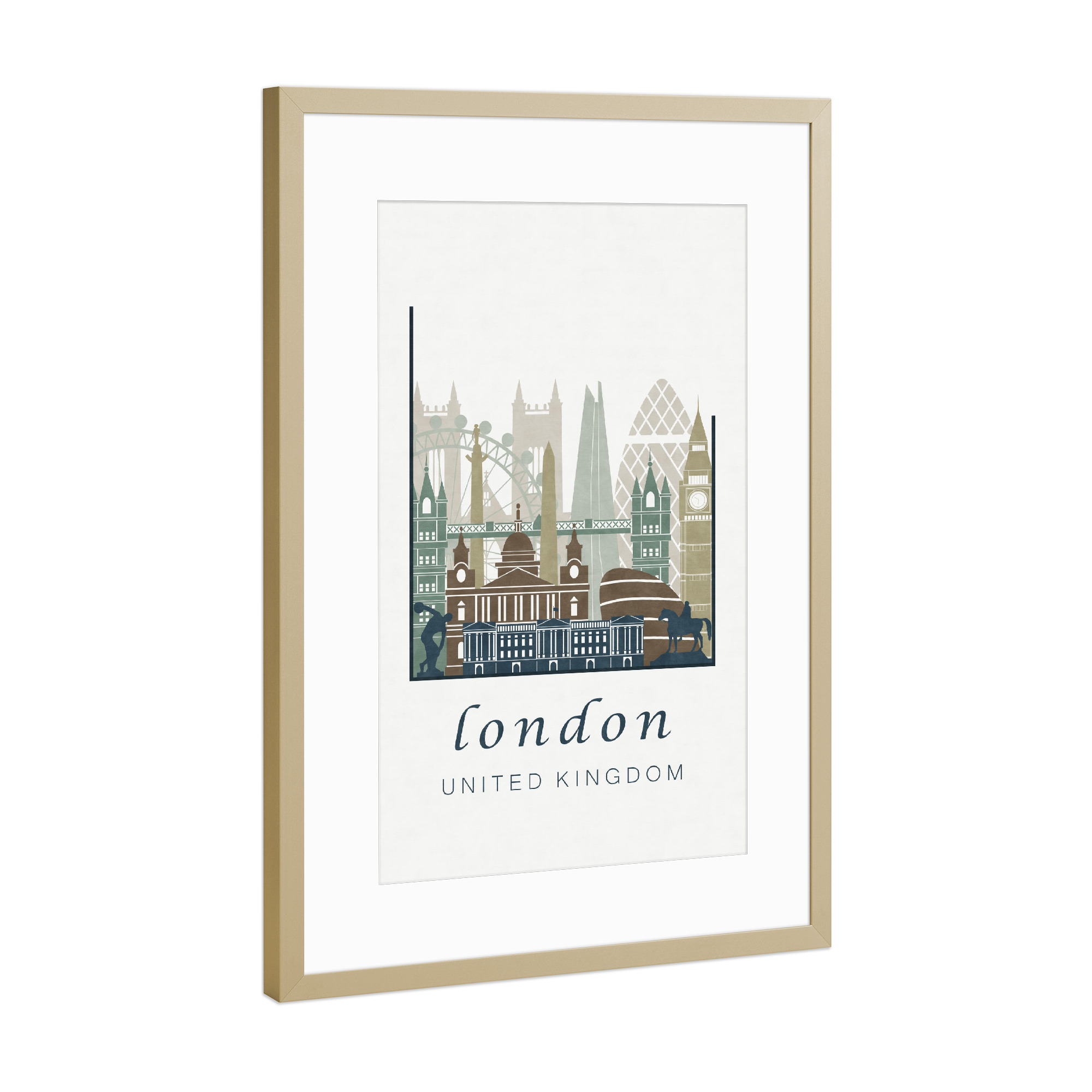 Poster mit Rahmen Gold "London skyline light blue" artboxONE - Städte / London,Kartografie - London,United kingdom,Uk,England,Skyline,Cityscape,Travel