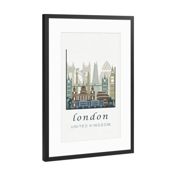 Poster mit Rahmen Schwarz (Metallic) "London skyline light blue" artboxONE - Städte / London,Kartografie