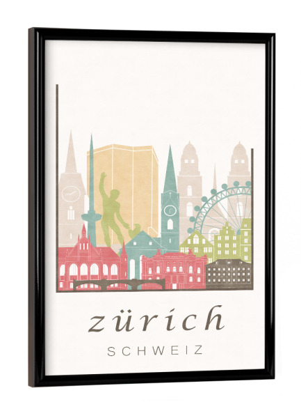Poster mit schwarzem Rahmen "Zurich pastel skyline" artboxONE - Städte / Zürich,Kartografie