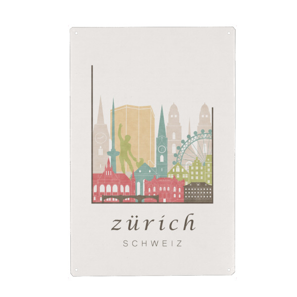 Metall Poster "Zurich pastel skyline" artboxONE - Städte / Zürich,Kartografie - Zurich,Zürich,Zuerich,Switzerland,Schweiz,Skyline,Cityscape,Travel