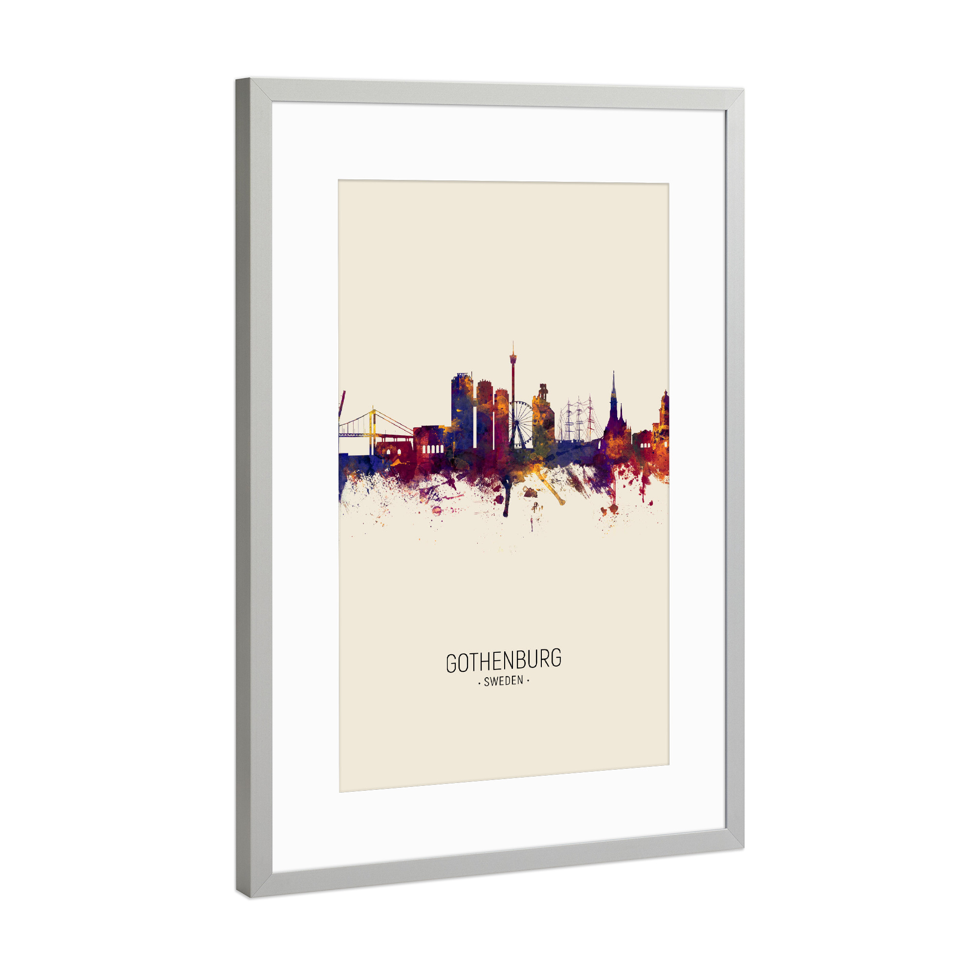 Poster mit Rahmen Silber "Gothenburg Skyline Beige" artboxONE - Städte - Gothenburg,Sweden,Skyline,Cityscape,Painting,Watercolour,Stadtbild