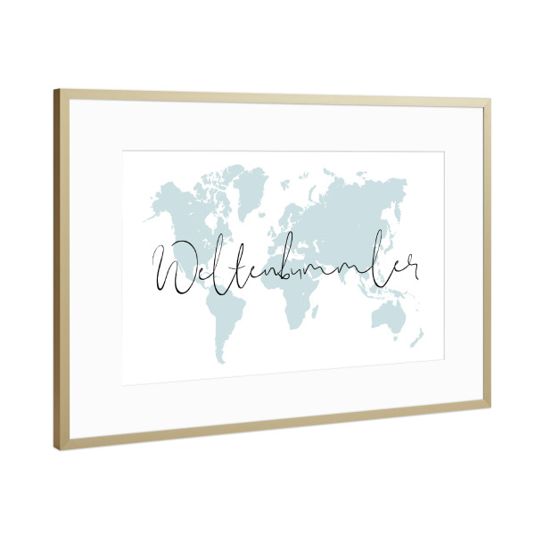 Poster mit Rahmen Gold "Weltenbummler Weltkarte" artboxONE - Typografie,Reise,Kartografie