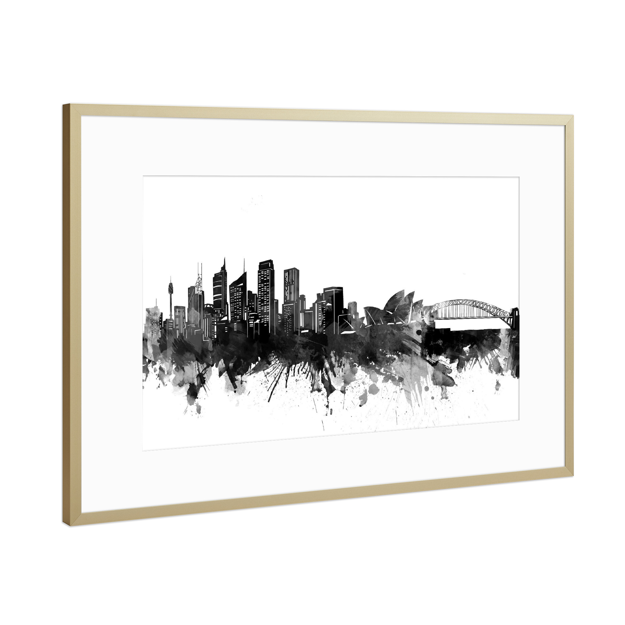 Poster mit Rahmen Gold "Sydney skyline black" artboxONE - Städte,Reise,Schwarzweiß,Architektur,Städte / Sydney