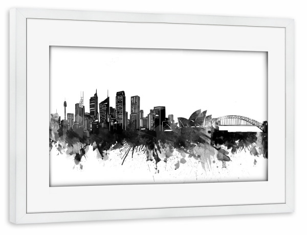 Poster mit Rahmen weiß "Sydney skyline black" artboxONE - Städte,Reise,Schwarzweiß,Architektur,Städte / Sydney