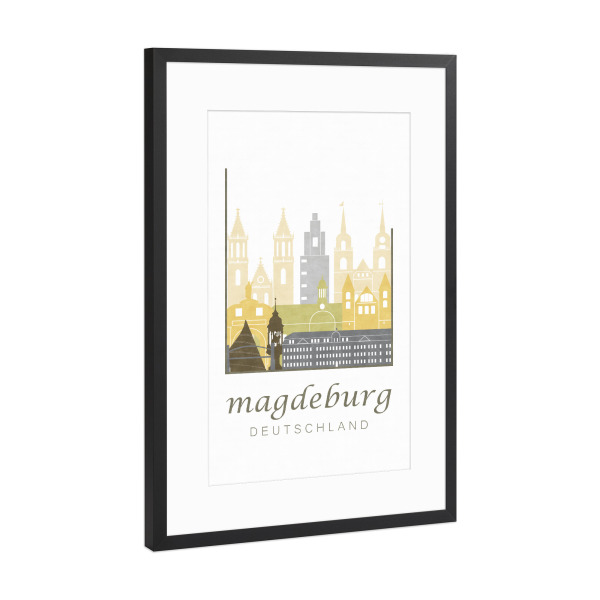 Poster mit Rahmen Schwarz (Metallic) "Magdeburg skyline desert" artboxONE - Städte,Kartografie