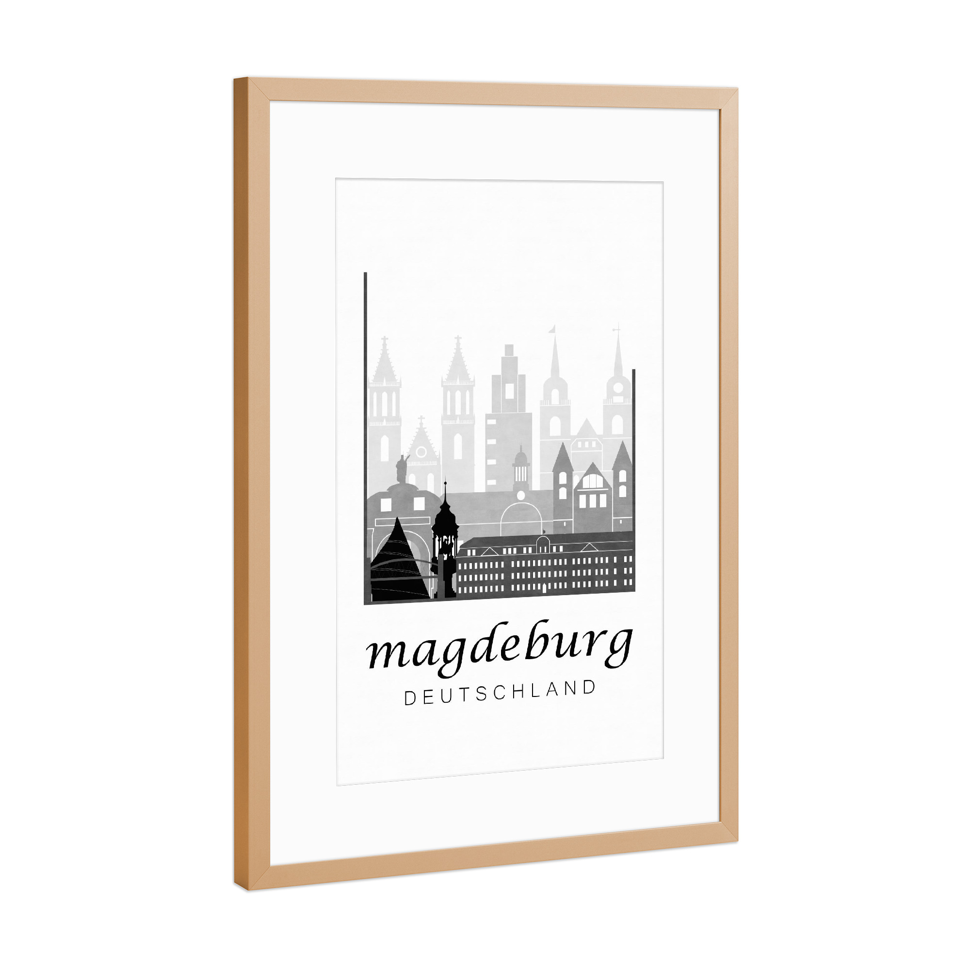 Poster mit Rahmen Kupfer "Magdeburg skyline black & white" artboxONE - Städte,Schwarzweiß,Kartografie